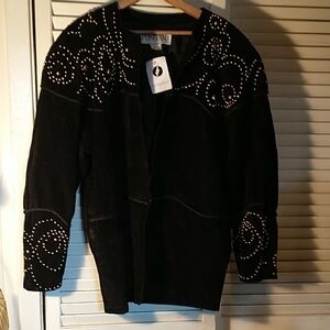 NWT Positano black suede jacket gold studs on sleeve & top sz LG open no closure